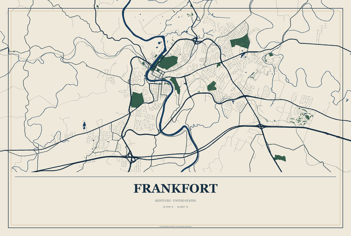 Frankfort, Kentucky City Map Aluminum Sign in Coastal Cutout style