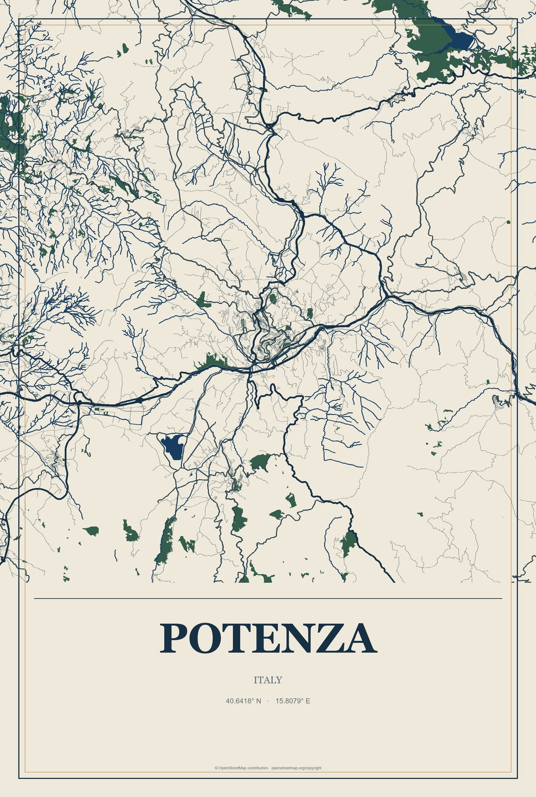 Potenza, Italy City Map Aluminum Sign in Coastal Cutout style