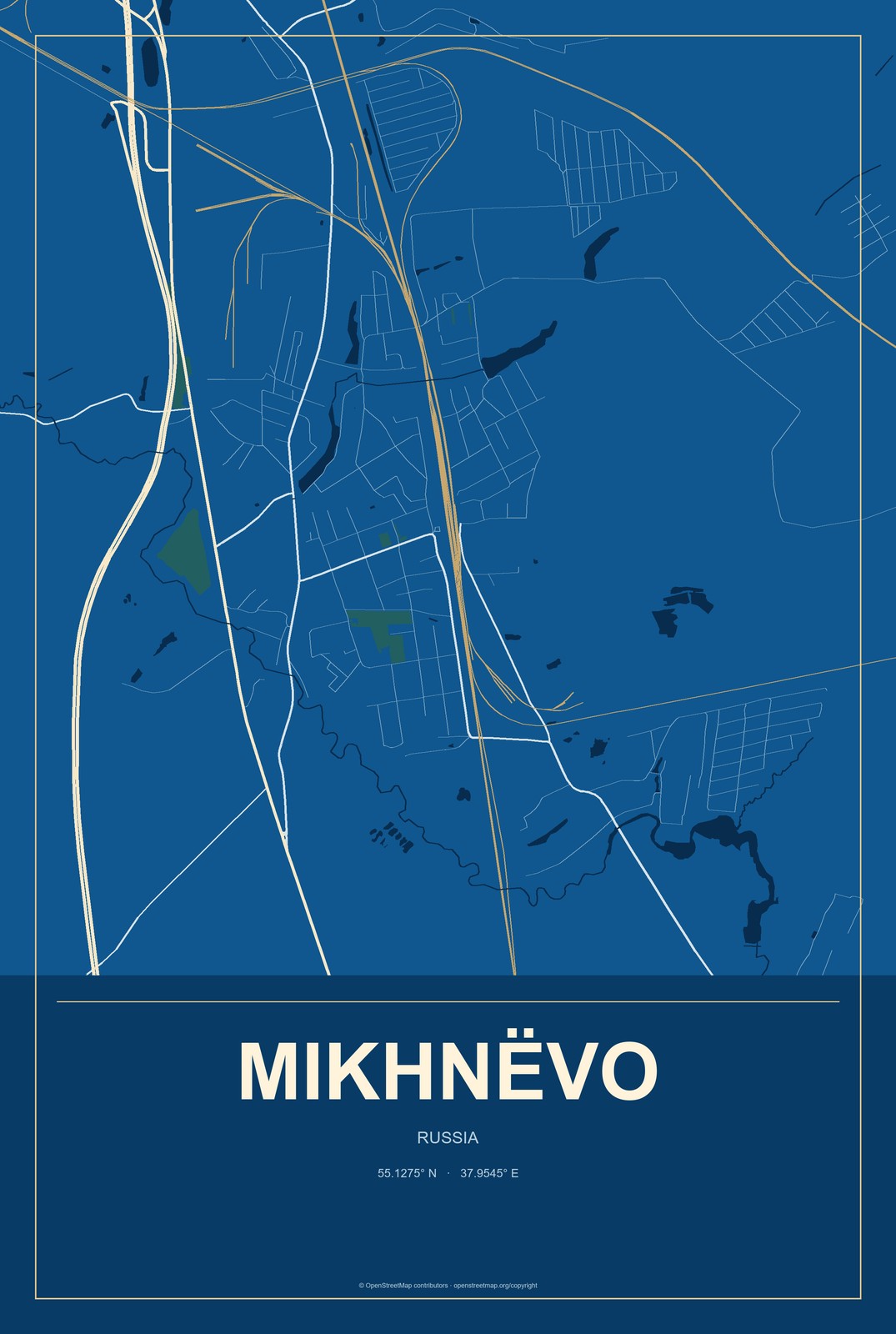 Mikhnëvo, Russia City Map Aluminum Sign in Harbor Cobalt style