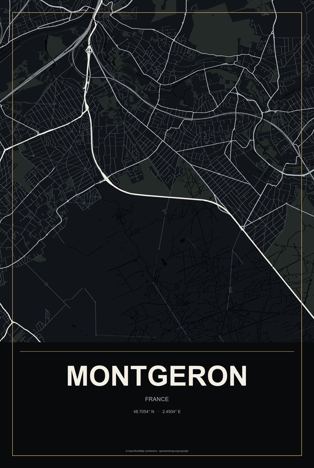 Montgeron, France City Map Aluminum Sign in Metropolitan Noir style