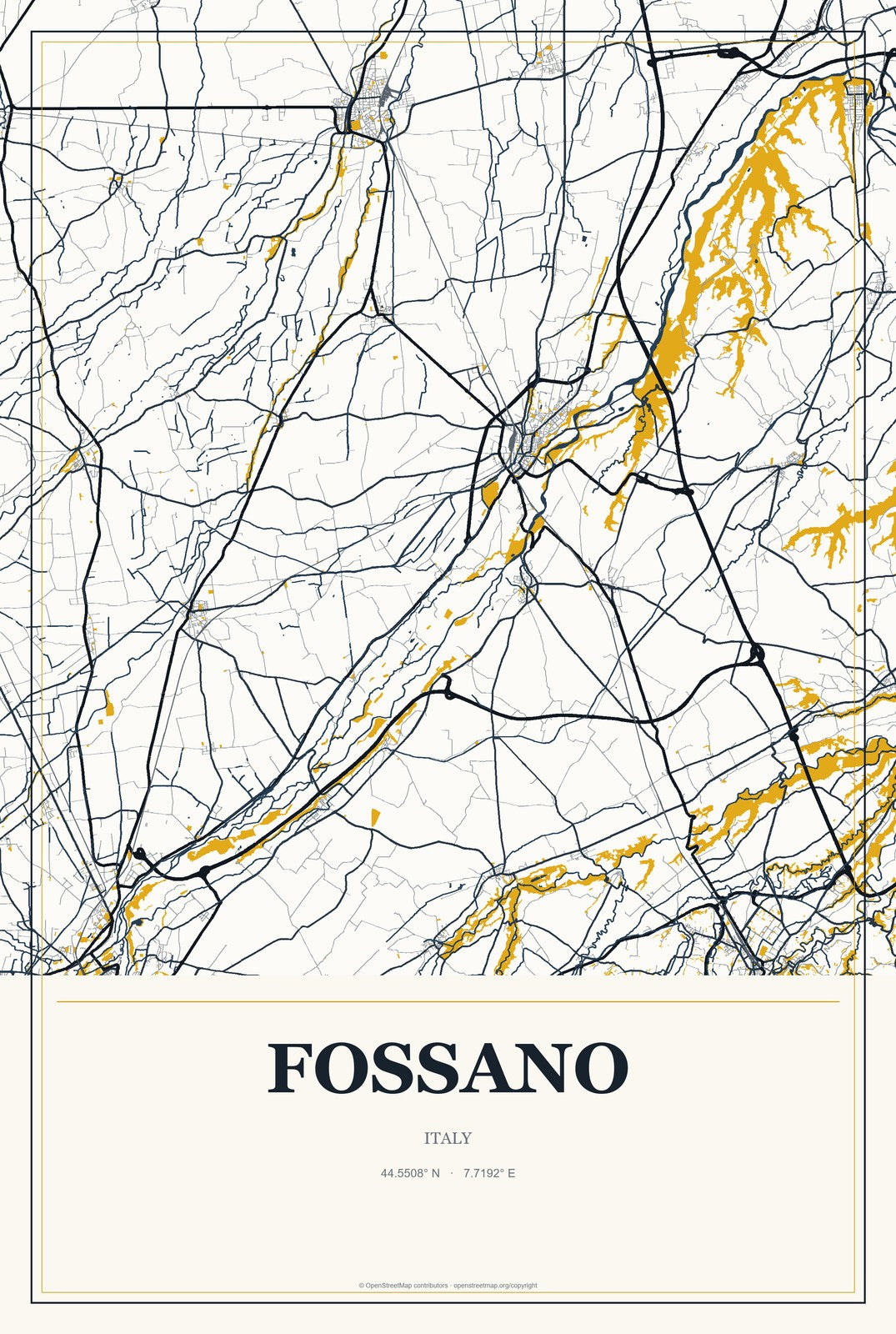 Fossano, Italy City Map Aluminum Sign in Citrine Modern style