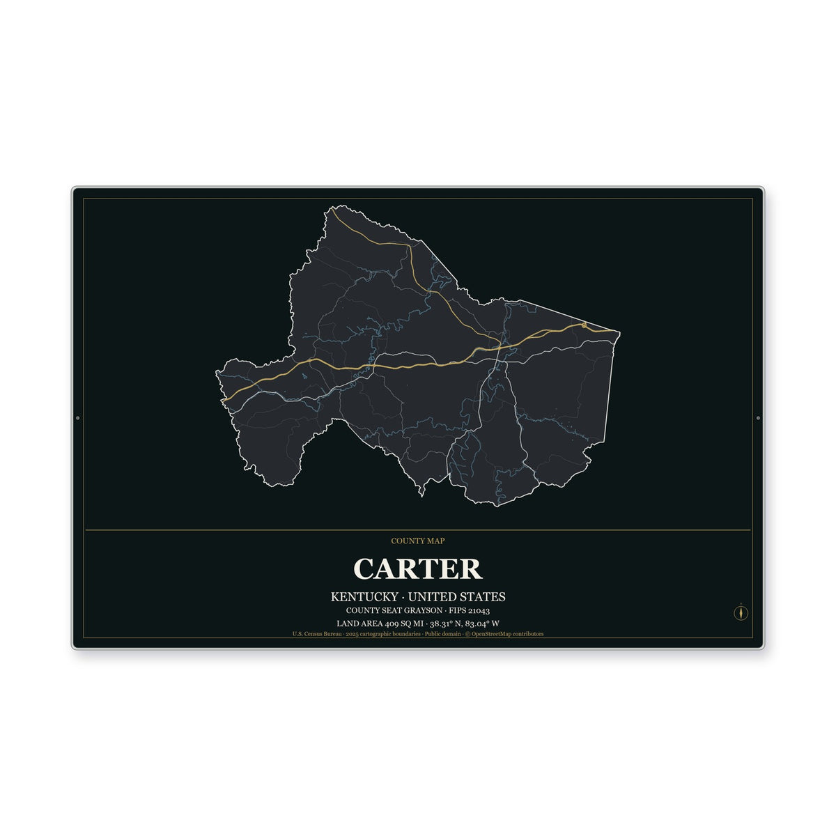 Carter County, Kentucky Map Aluminum Sign in Metropolitan Noir style