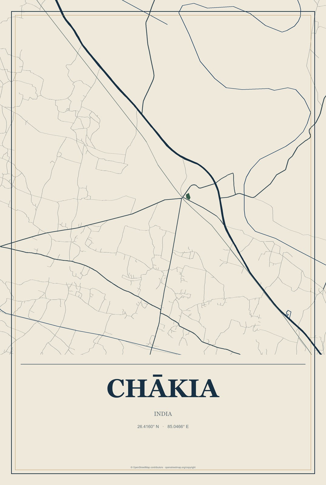 Chākia, India City Map Aluminum Sign in Coastal Cutout style