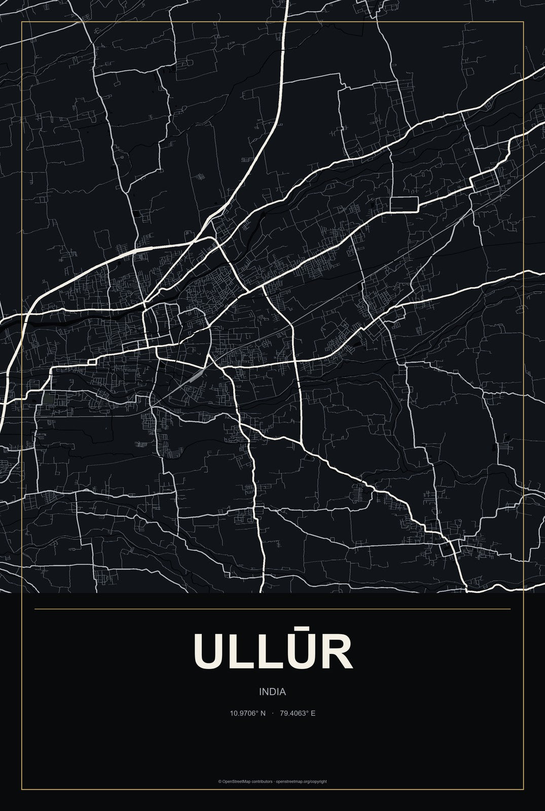 Ullūr, India City Map Aluminum Sign in Metropolitan Noir style