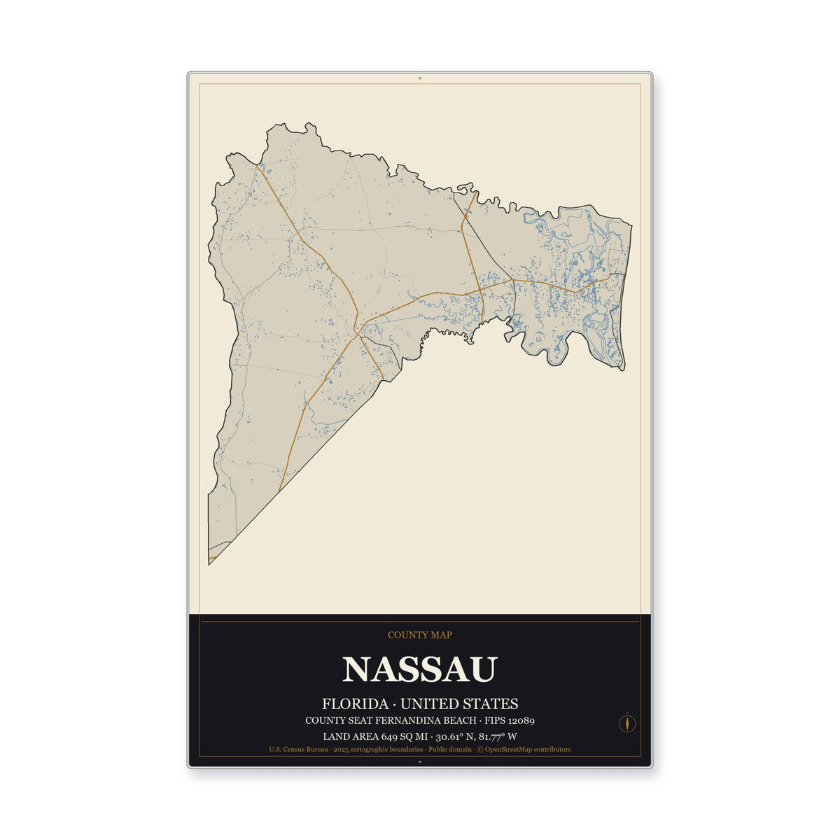 Nassau County, Florida Map Aluminum Sign in Museum Plaque style