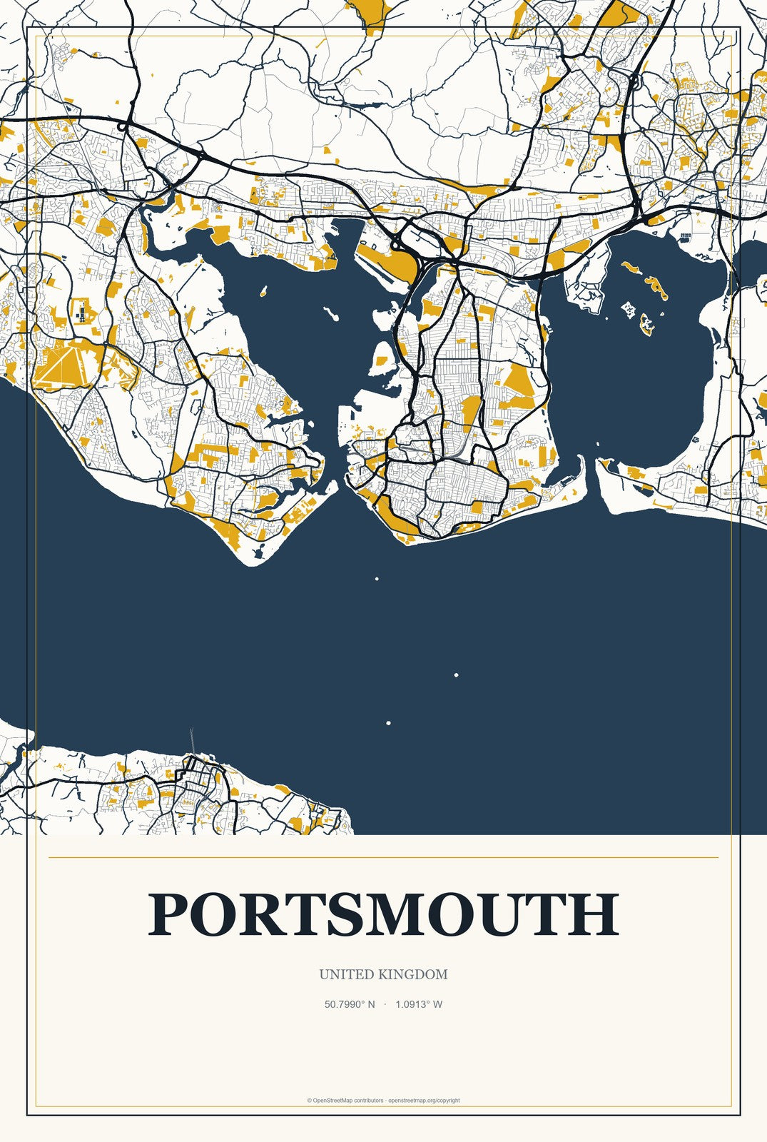 Portsmouth, United Kingdom City Map Aluminum Sign in Citrine Modern style