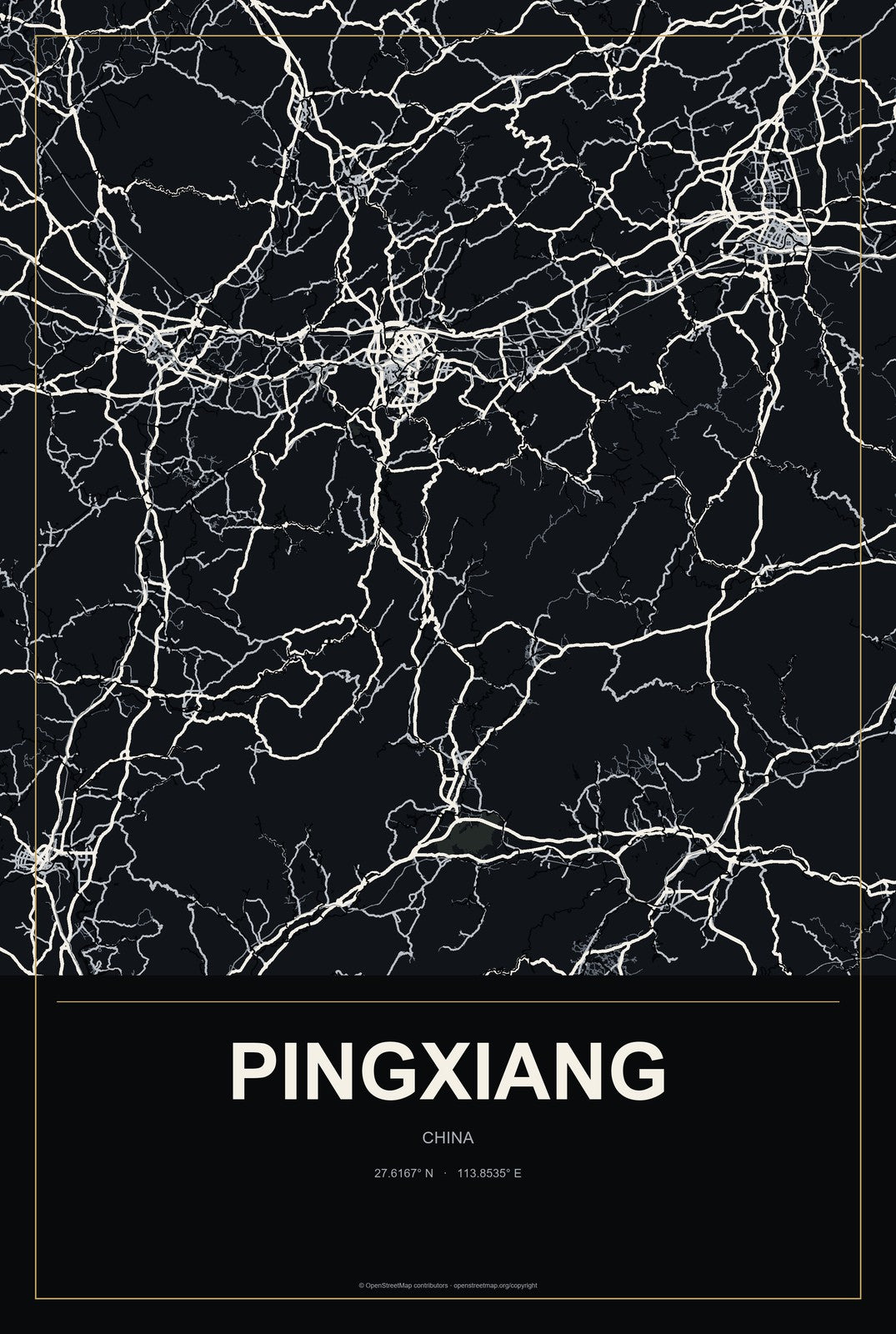 Pingxiang, Guangxi, China City Map Aluminum Sign in Metropolitan Noir style