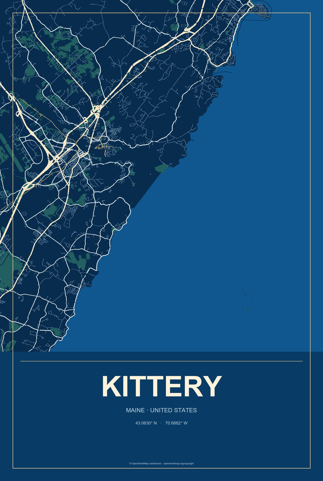 Kittery, Maine City Map Aluminum Sign in Harbor Cobalt style
