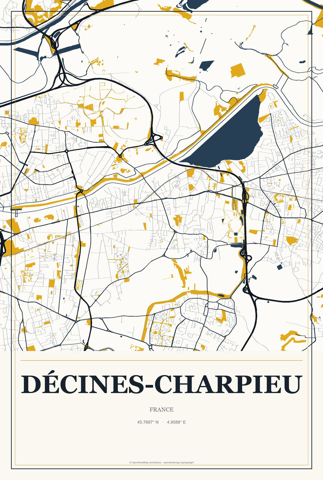 Décines-Charpieu, France City Map Aluminum Sign in Citrine Modern style
