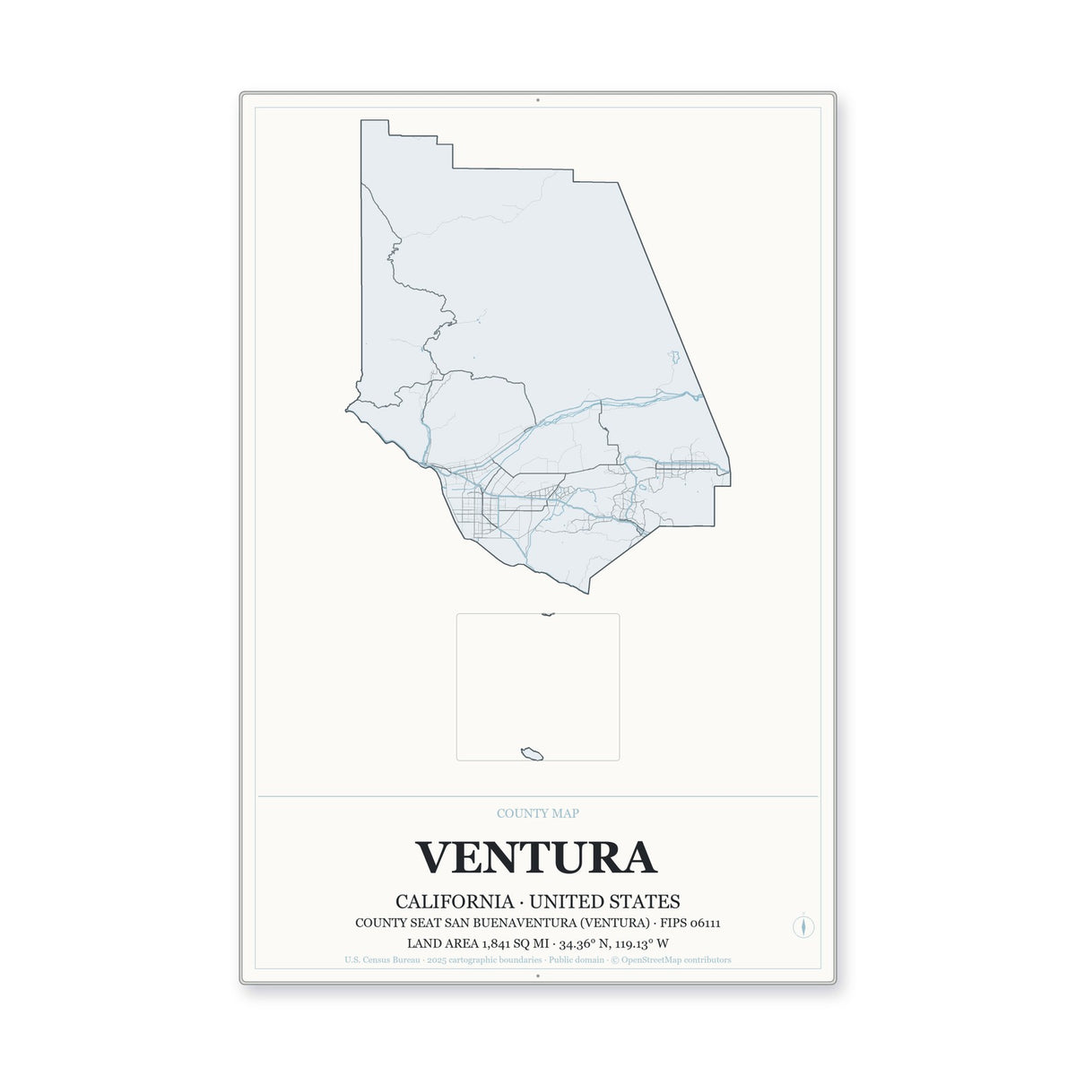 Ventura County, California Map Aluminum Sign in Gallery Air style