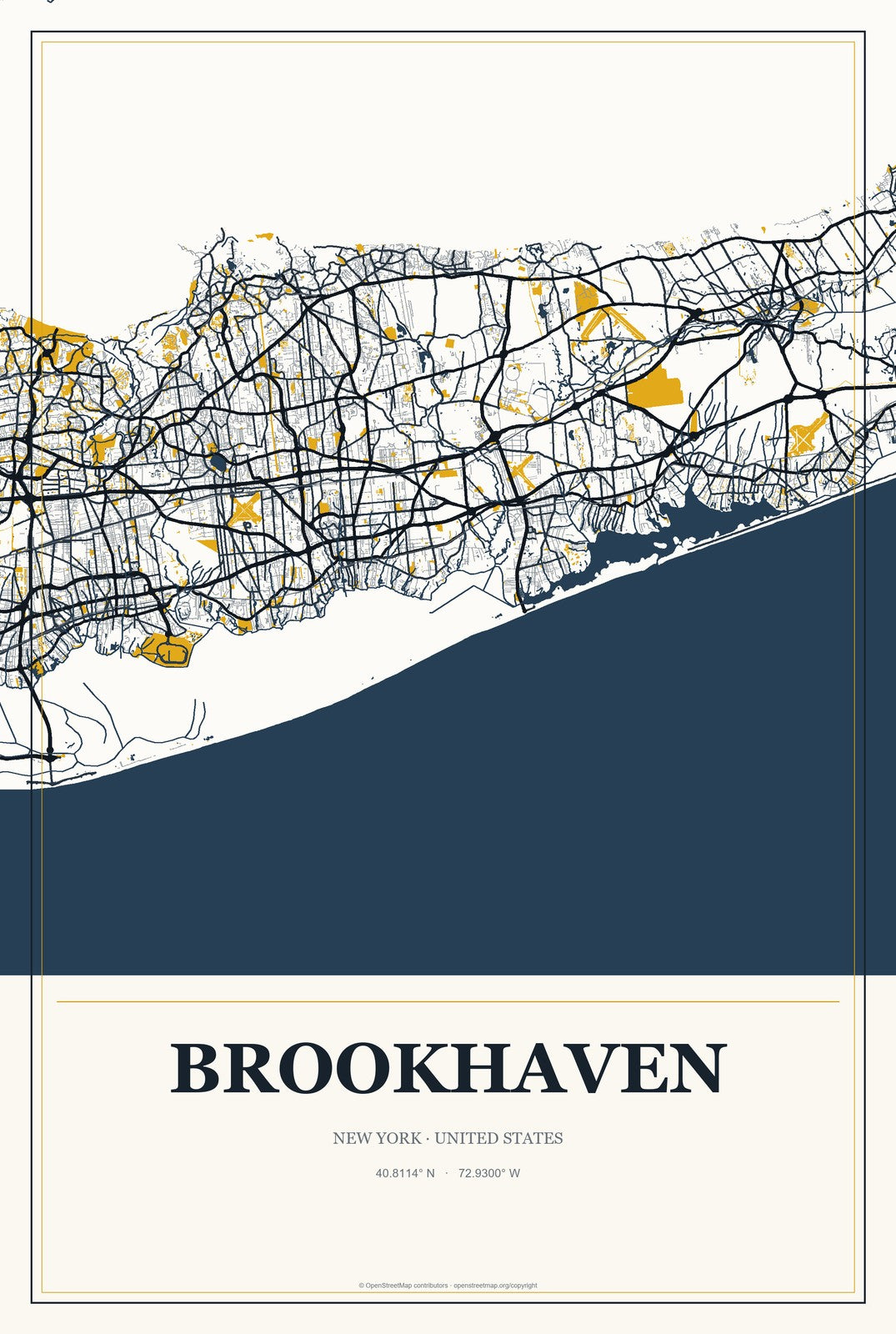 Brookhaven, New York City Map Aluminum Sign in Citrine Modern style