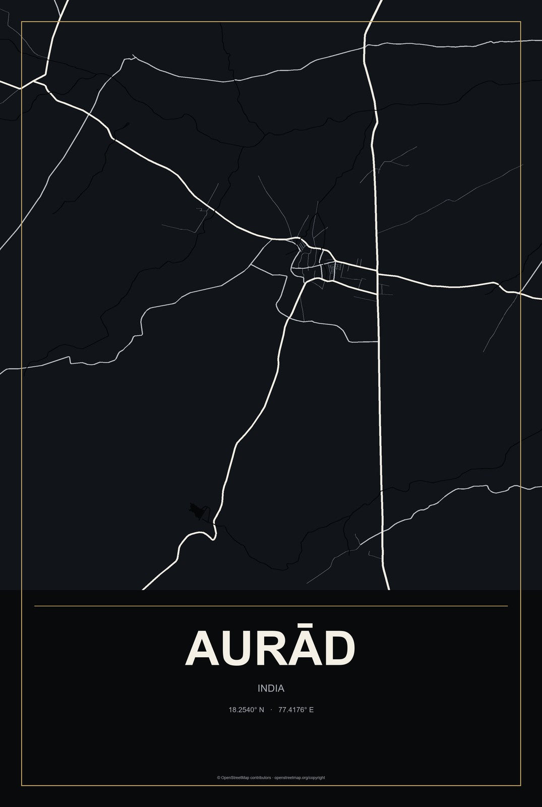 Aurād, India City Map Aluminum Sign in Metropolitan Noir style