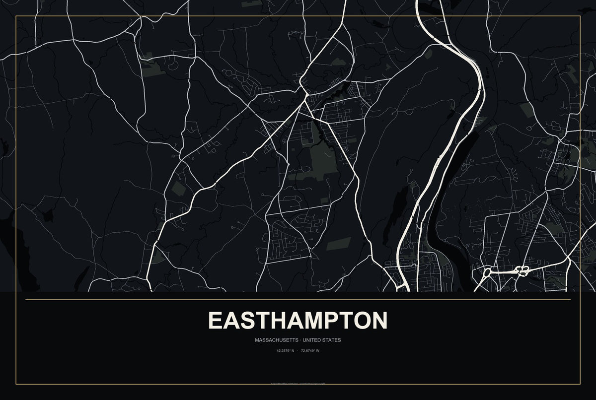 Easthampton, Massachusetts City Map Aluminum Sign in Metropolitan Noir style