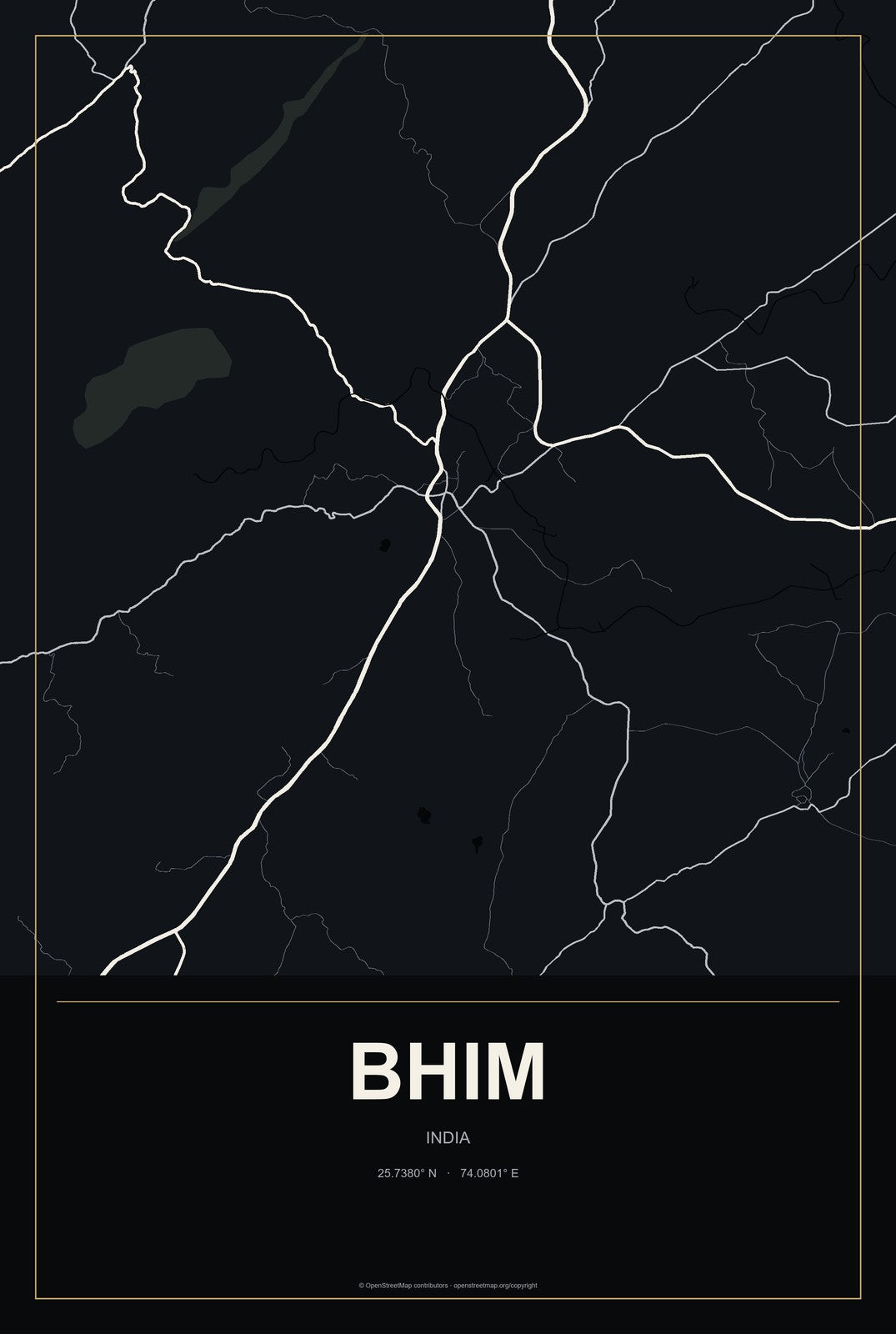 Bhim, India City Map Aluminum Sign in Metropolitan Noir style