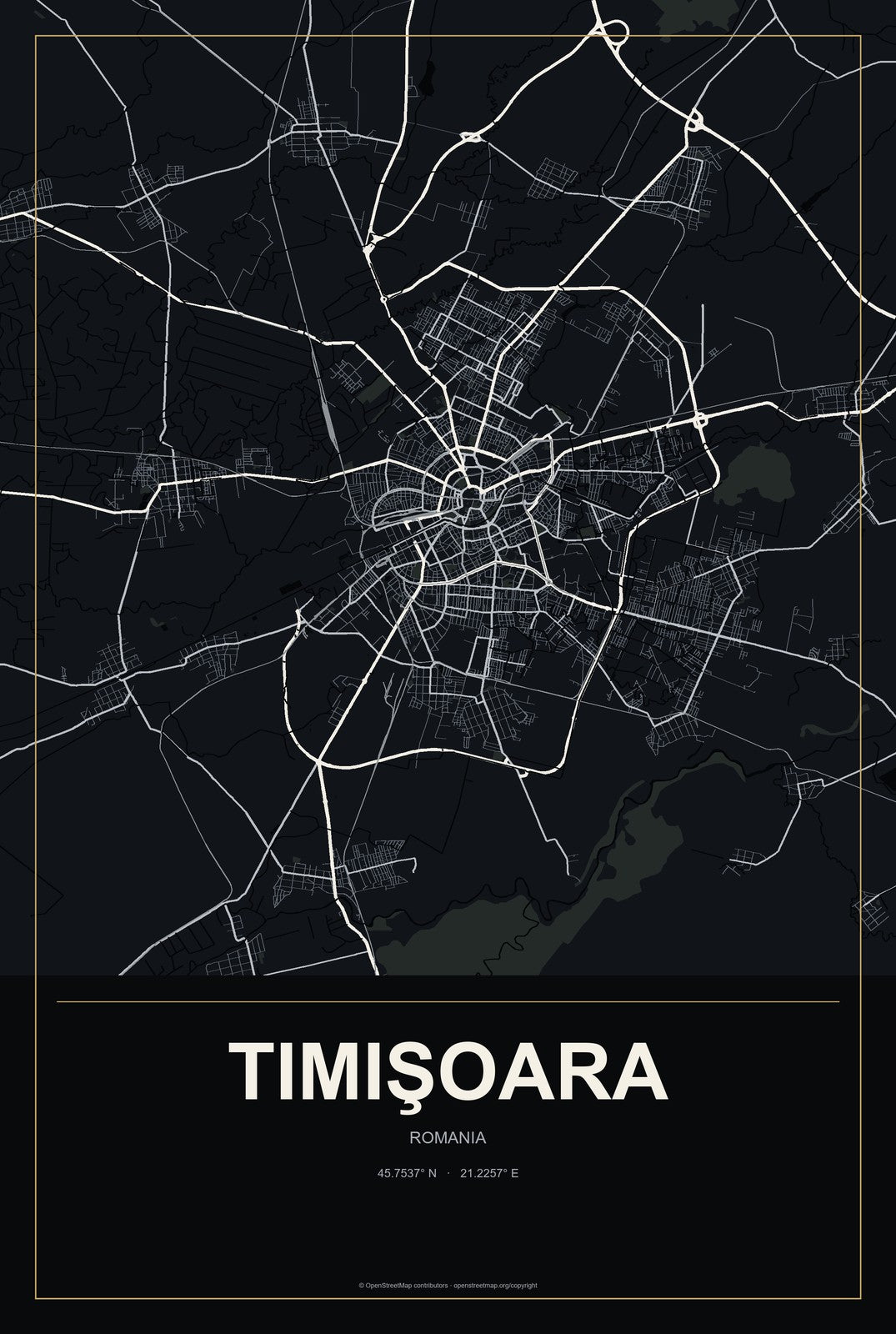 Timişoara, Romania City Map Aluminum Sign in Metropolitan Noir style