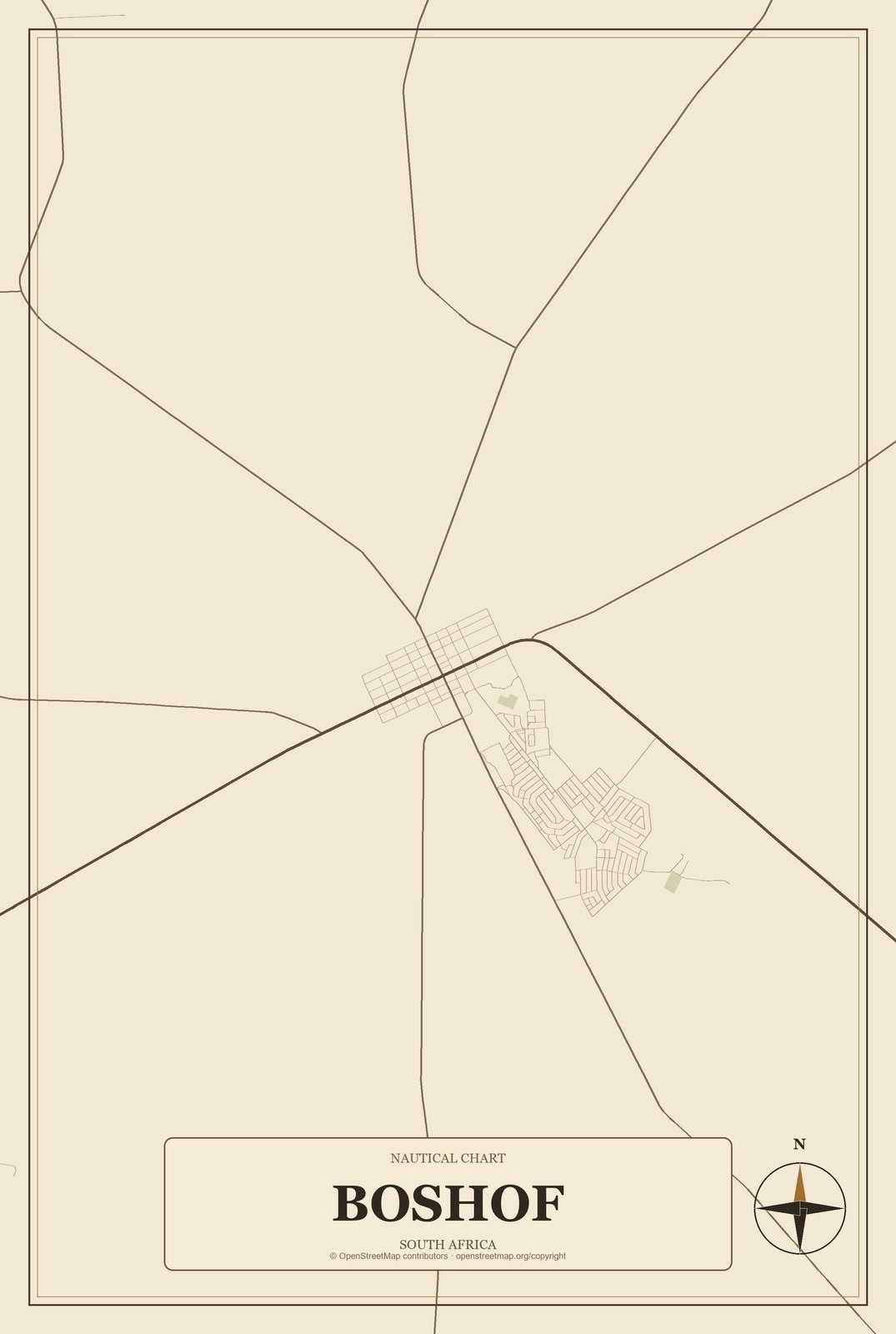 Boshof, South Africa City Map Aluminum Sign in Heritage Nautical style