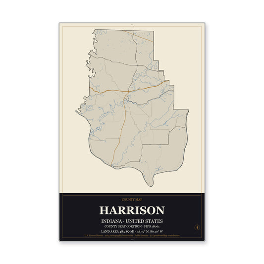 Harrison County, Indiana Map Aluminum Sign in Museum Plaque style