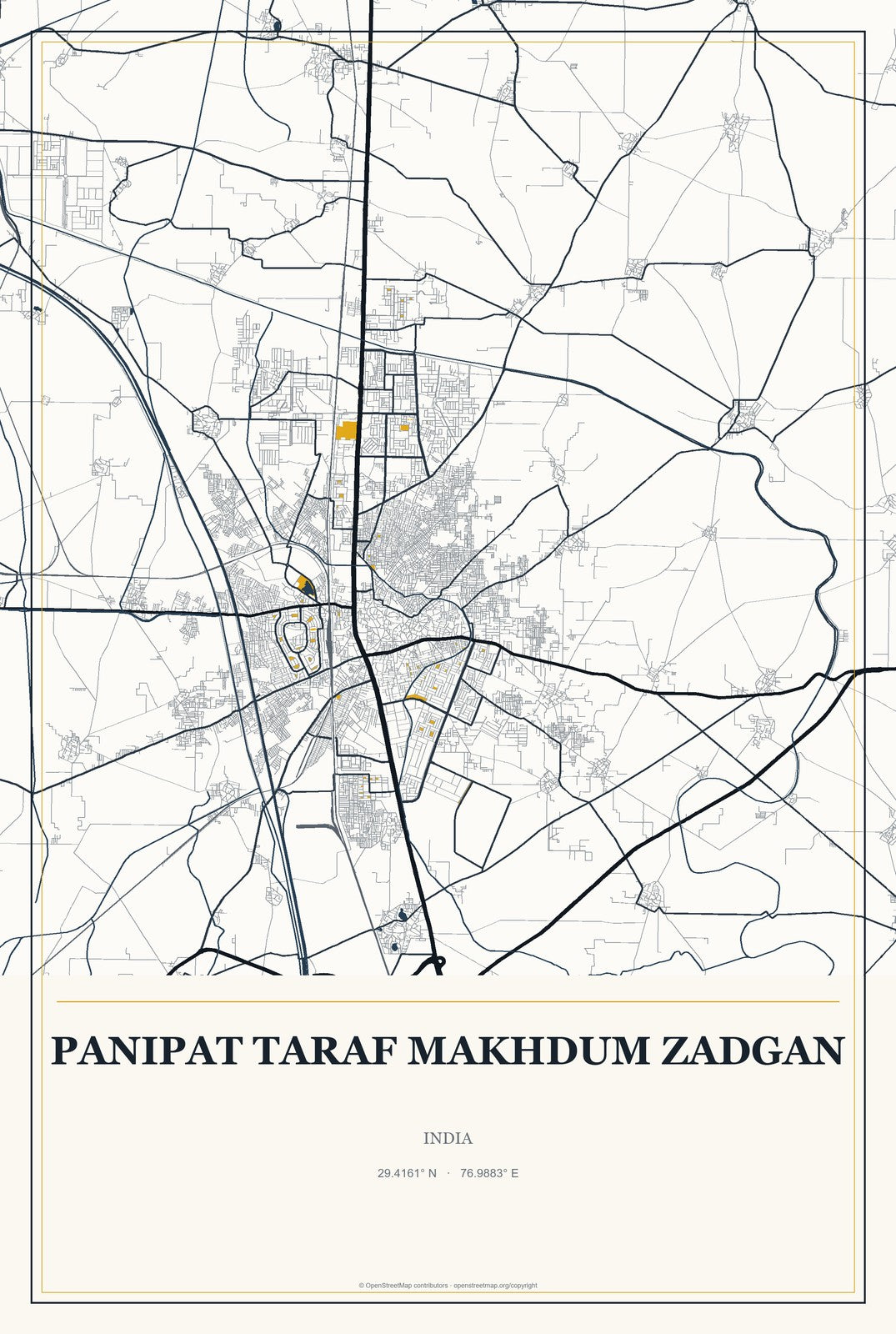 Panipat Taraf Makhdum Zadgan, India City Map Aluminum Sign in Citrine Modern style