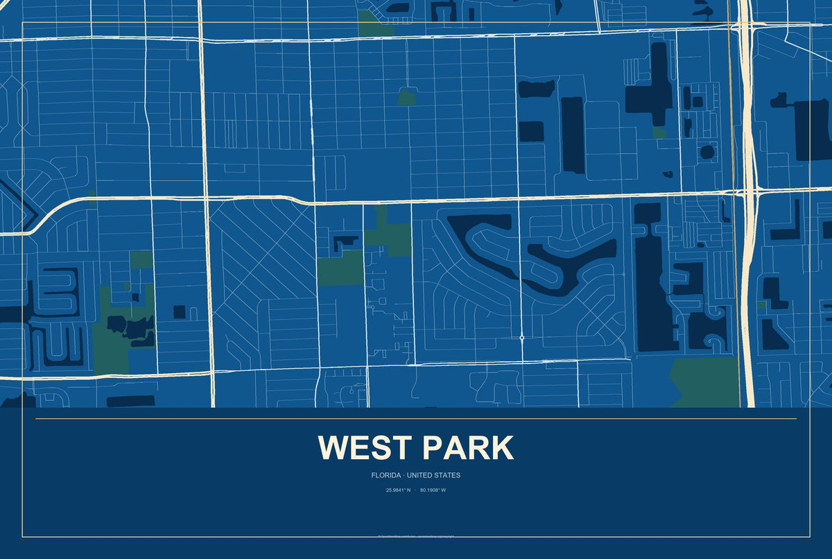 West Park, Florida City Map Aluminum Sign in Harbor Cobalt style