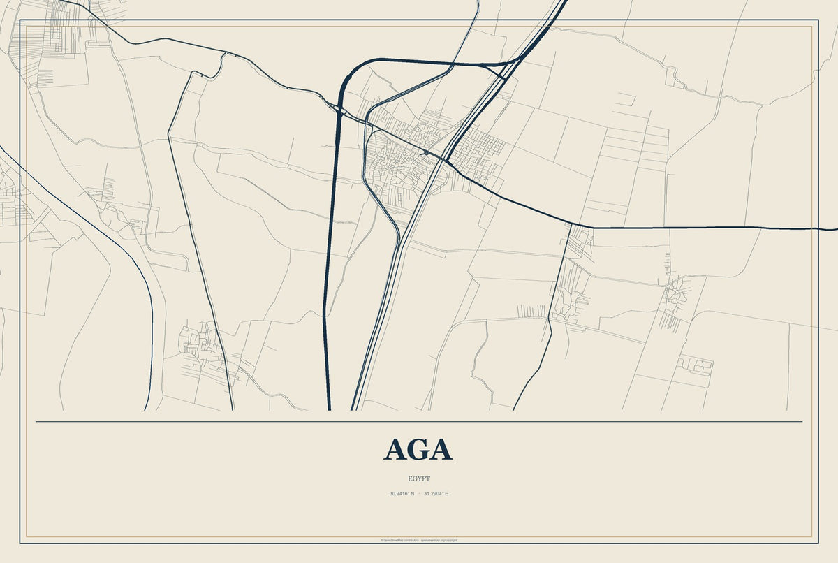 Aga, Egypt City Map Aluminum Sign in Coastal Cutout style