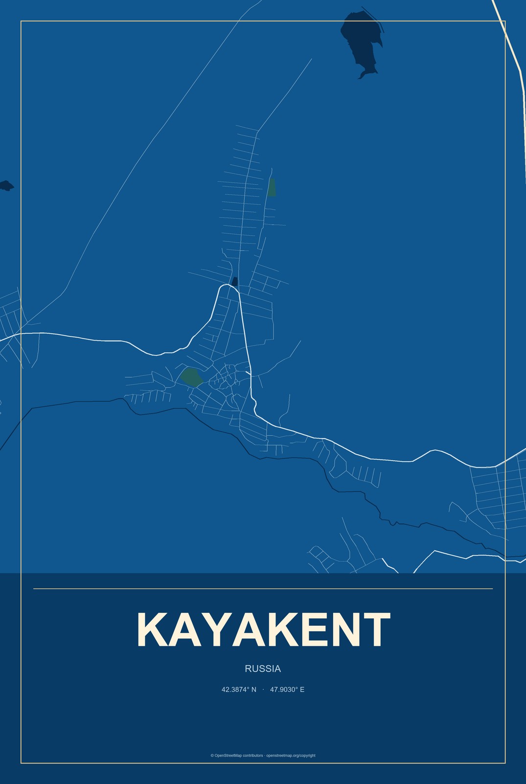 Kayakent, Russia City Map Aluminum Sign in Harbor Cobalt style