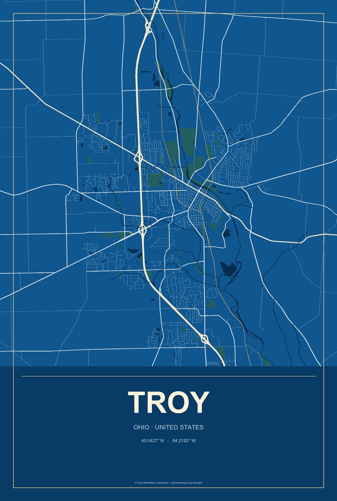 Troy, Ohio City Map Aluminum Sign in Harbor Cobalt style