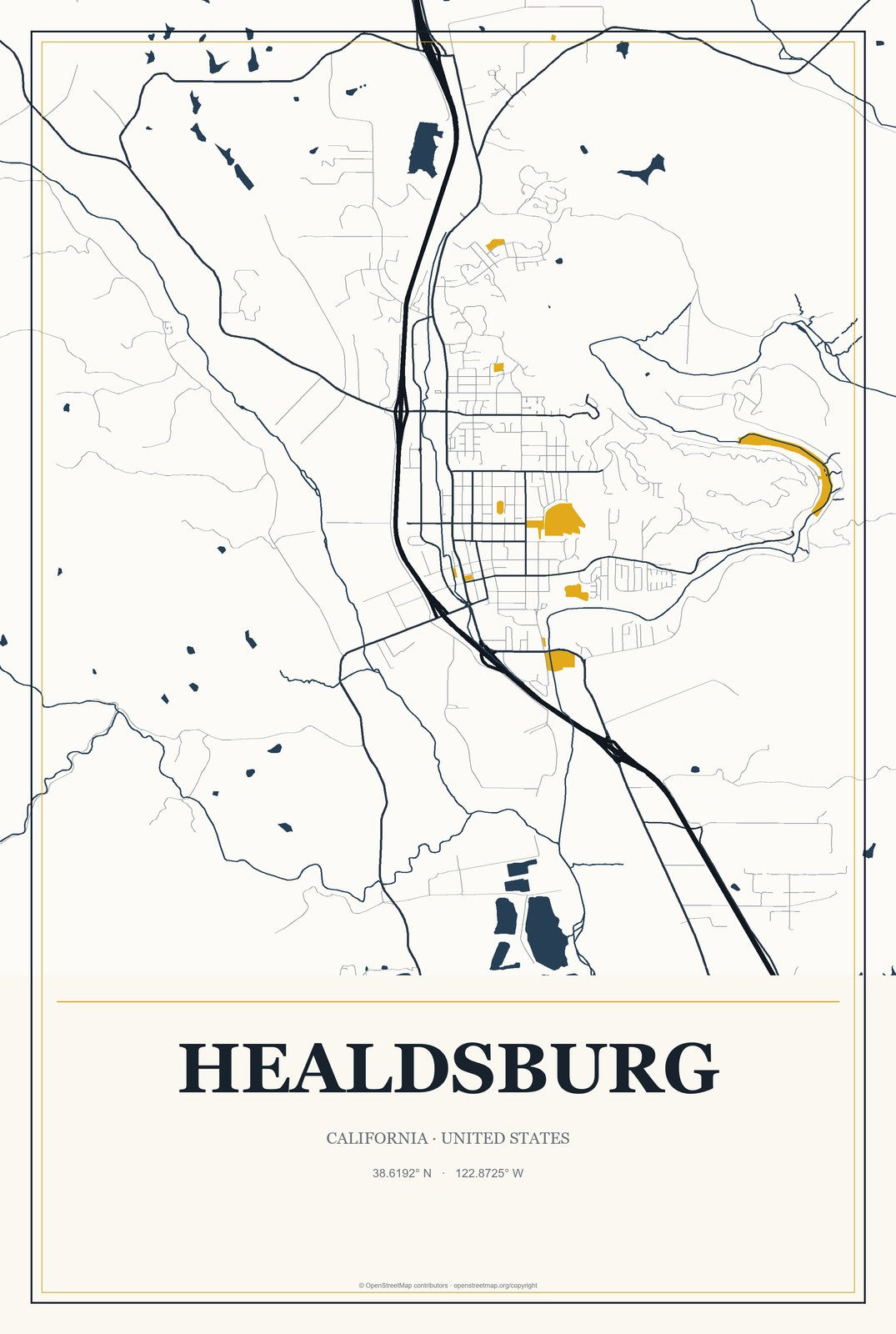 Healdsburg, California City Map Aluminum Sign in Citrine Modern style