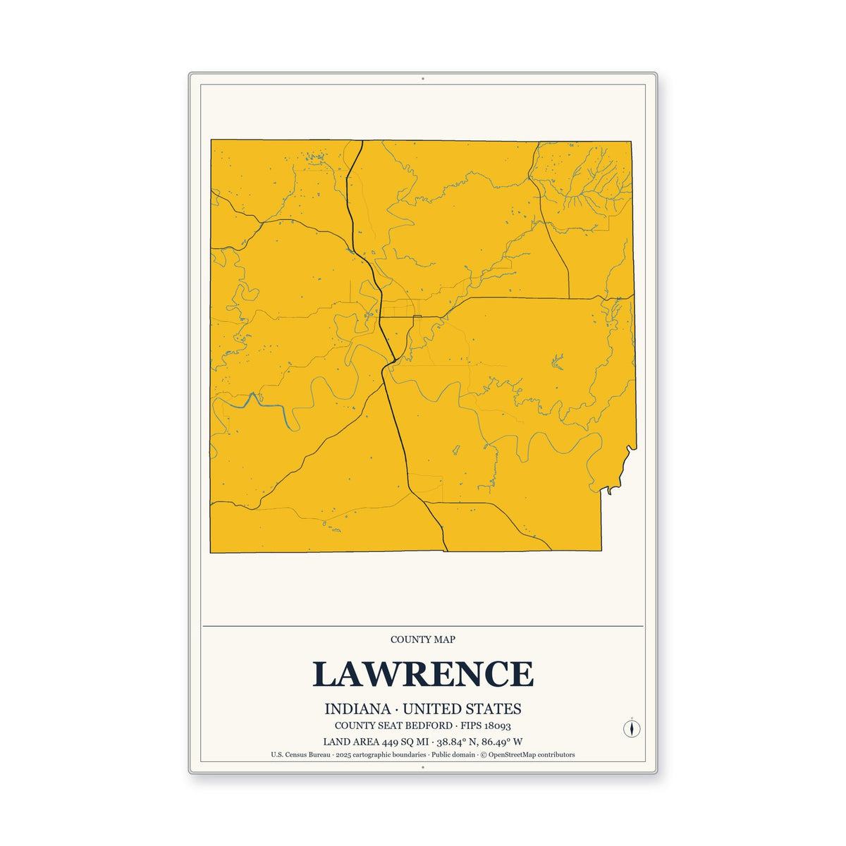 Lawrence County, Indiana Map Aluminum Sign in Citrine Modern style