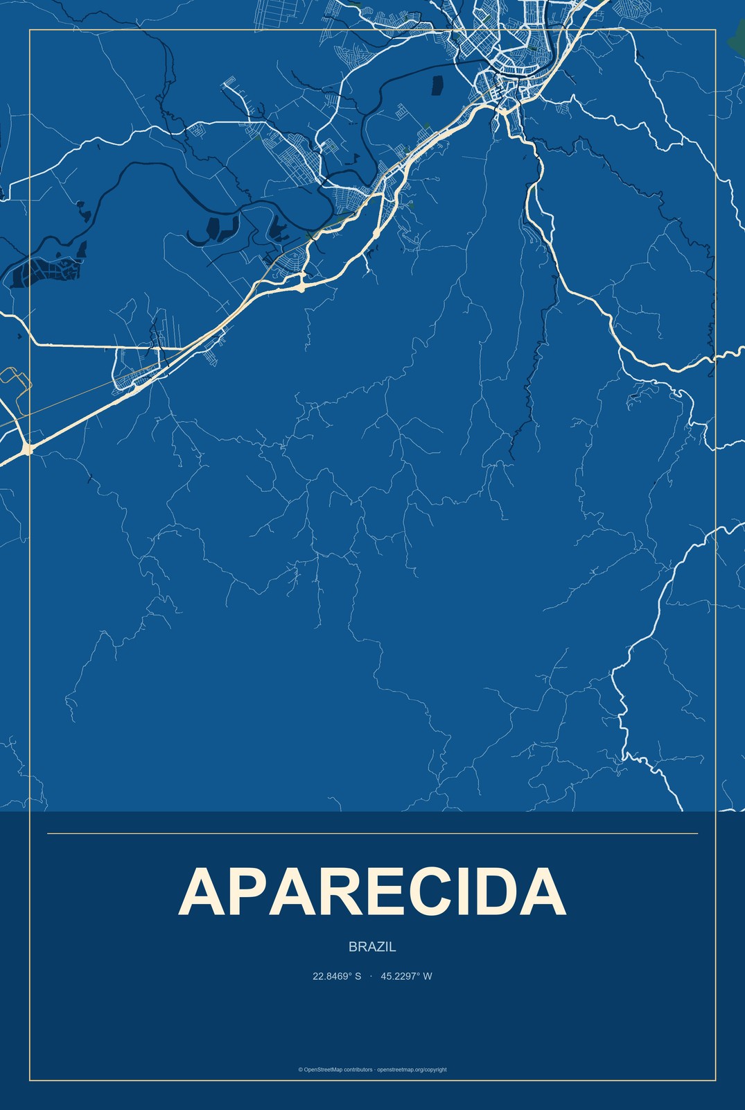 Aparecida, Brazil City Map Aluminum Sign in Harbor Cobalt style
