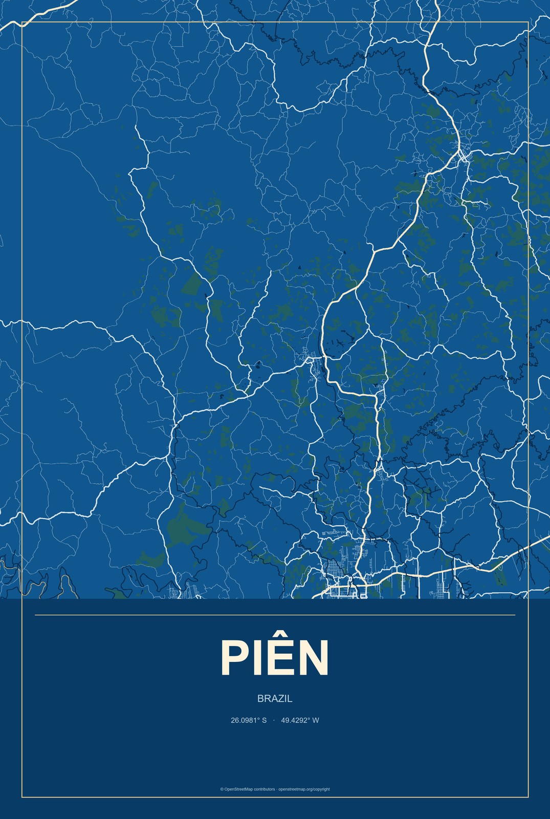 Piên, Brazil City Map Aluminum Sign in Harbor Cobalt style