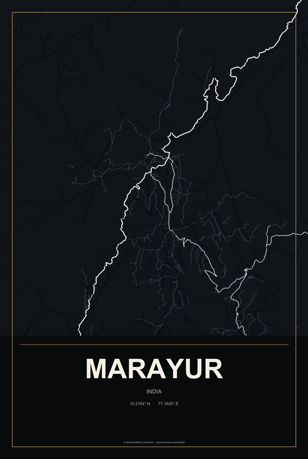 Marayur, India City Map Aluminum Sign in Metropolitan Noir style