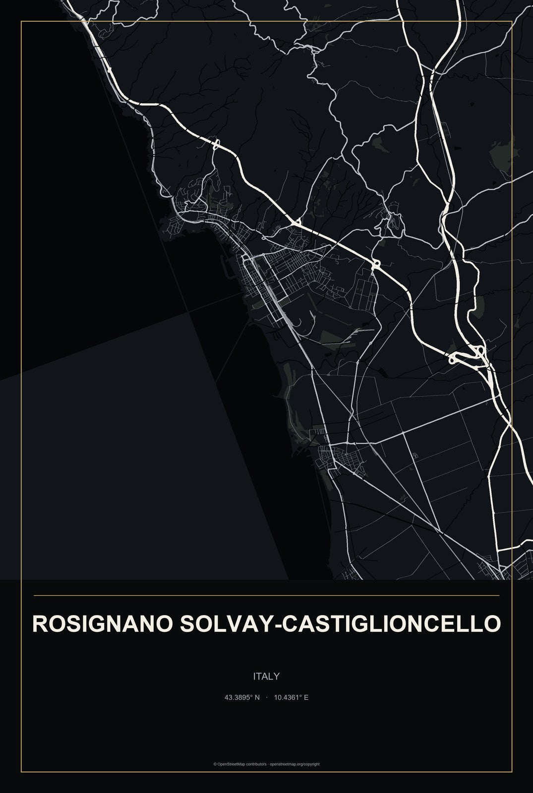 Rosignano Solvay-Castiglioncello, Italy City Map Aluminum Sign in Metropolitan Noir style