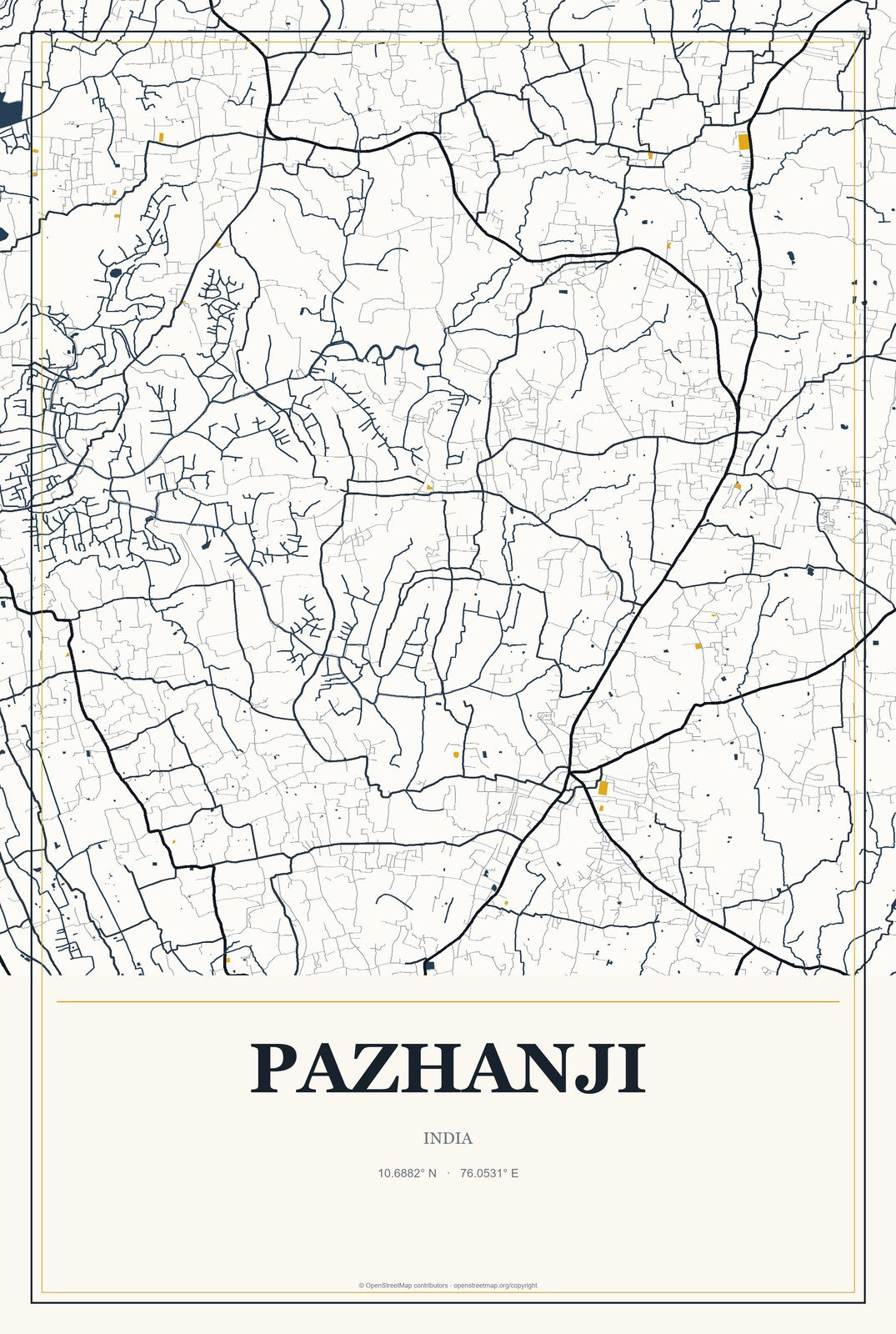 Pazhanji, India City Map Aluminum Sign in Citrine Modern style