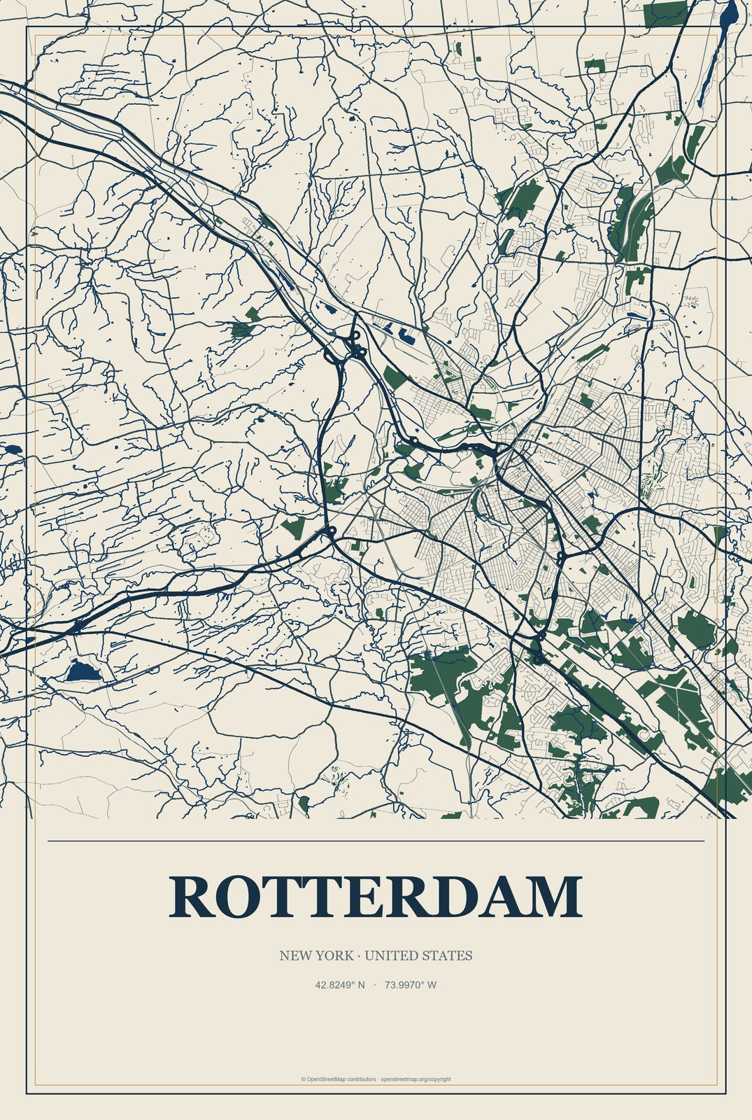 Rotterdam, New York City Map Aluminum Sign in Coastal Cutout style