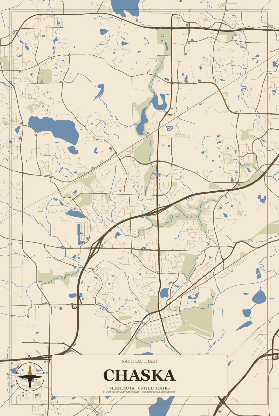 Chaska, Minnesota City Map Aluminum Sign in Heritage Nautical style