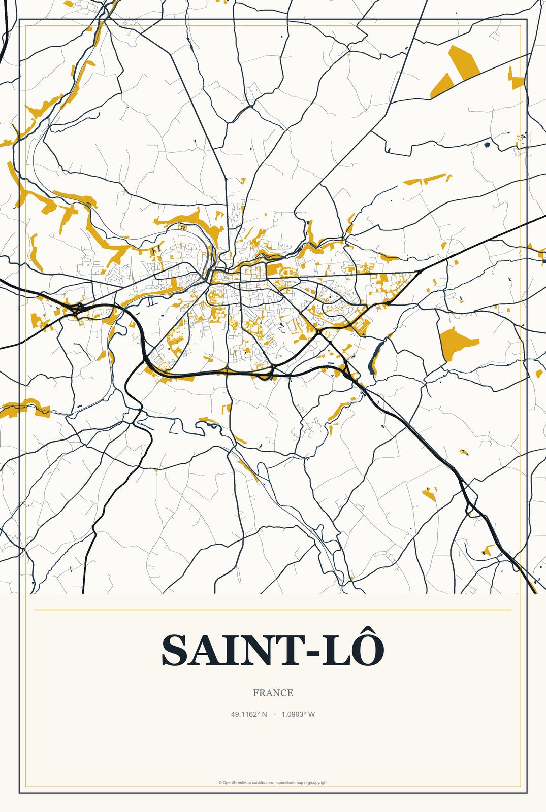 Saint-Lô, France City Map Aluminum Sign in Citrine Modern style
