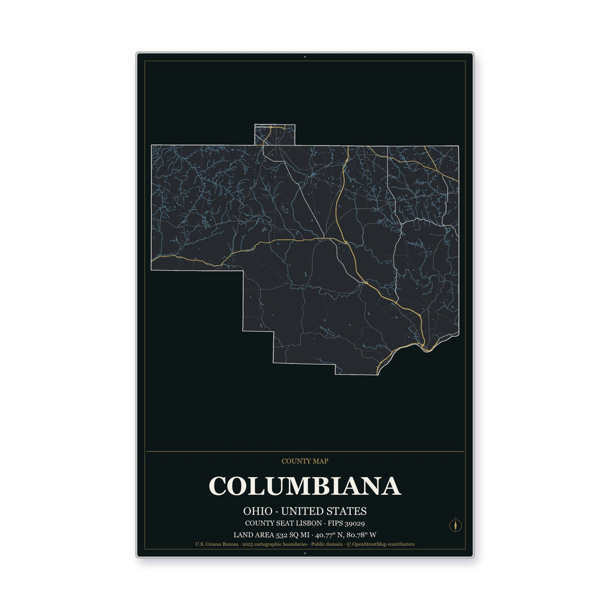 Columbiana County, Ohio Map Aluminum Sign in Metropolitan Noir style