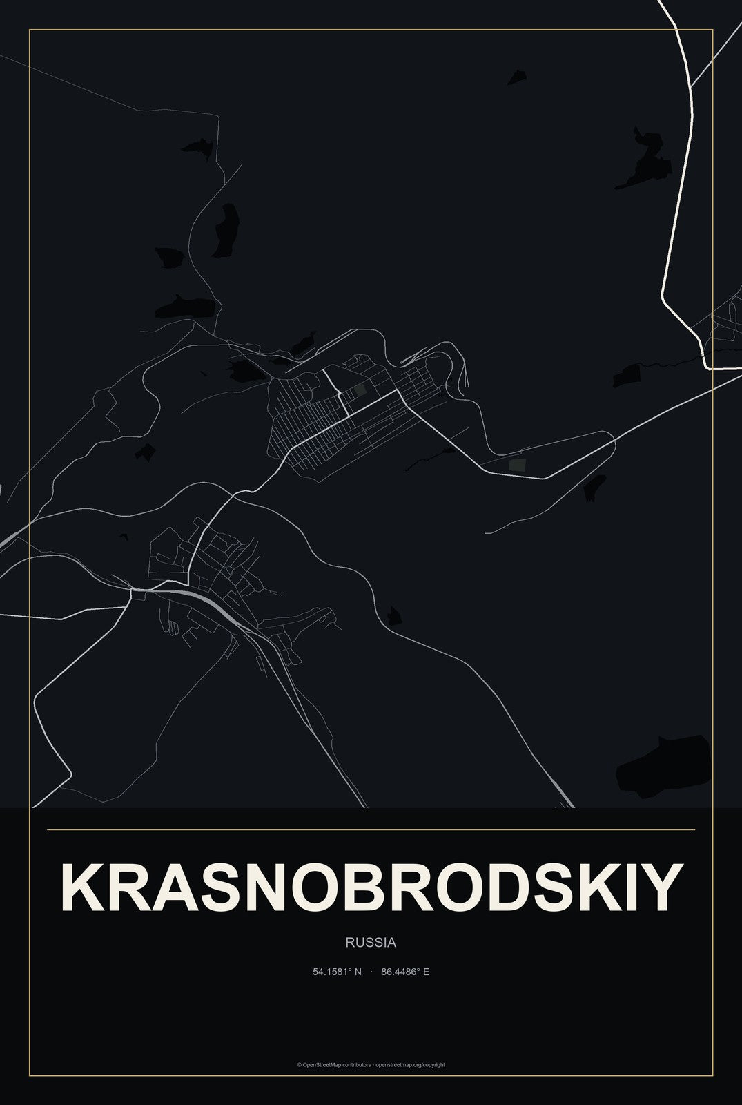Krasnobrodskiy, Russia City Map Aluminum Sign in Metropolitan Noir style