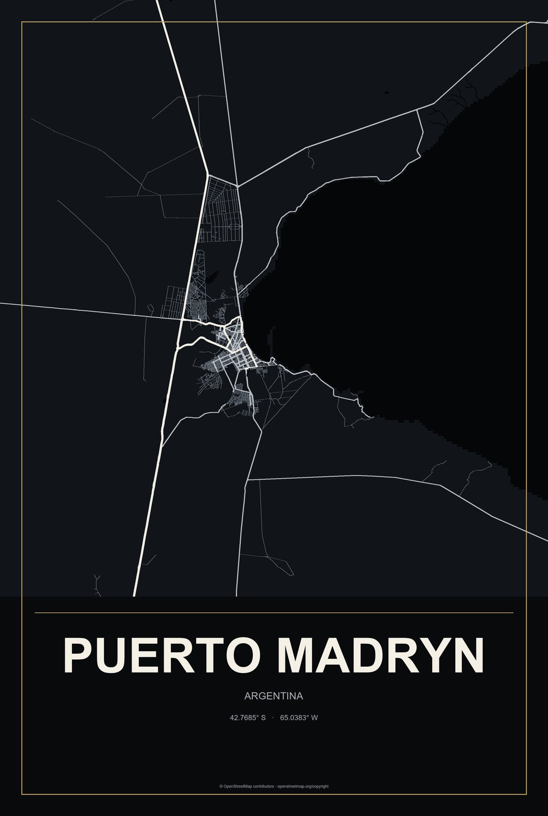 Puerto Madryn, Argentina City Map Aluminum Sign in Metropolitan Noir style