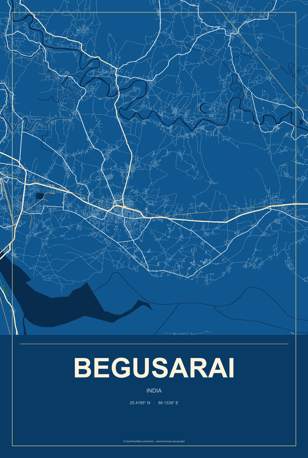 Begusarai, India City Map Aluminum Sign in Harbor Cobalt style
