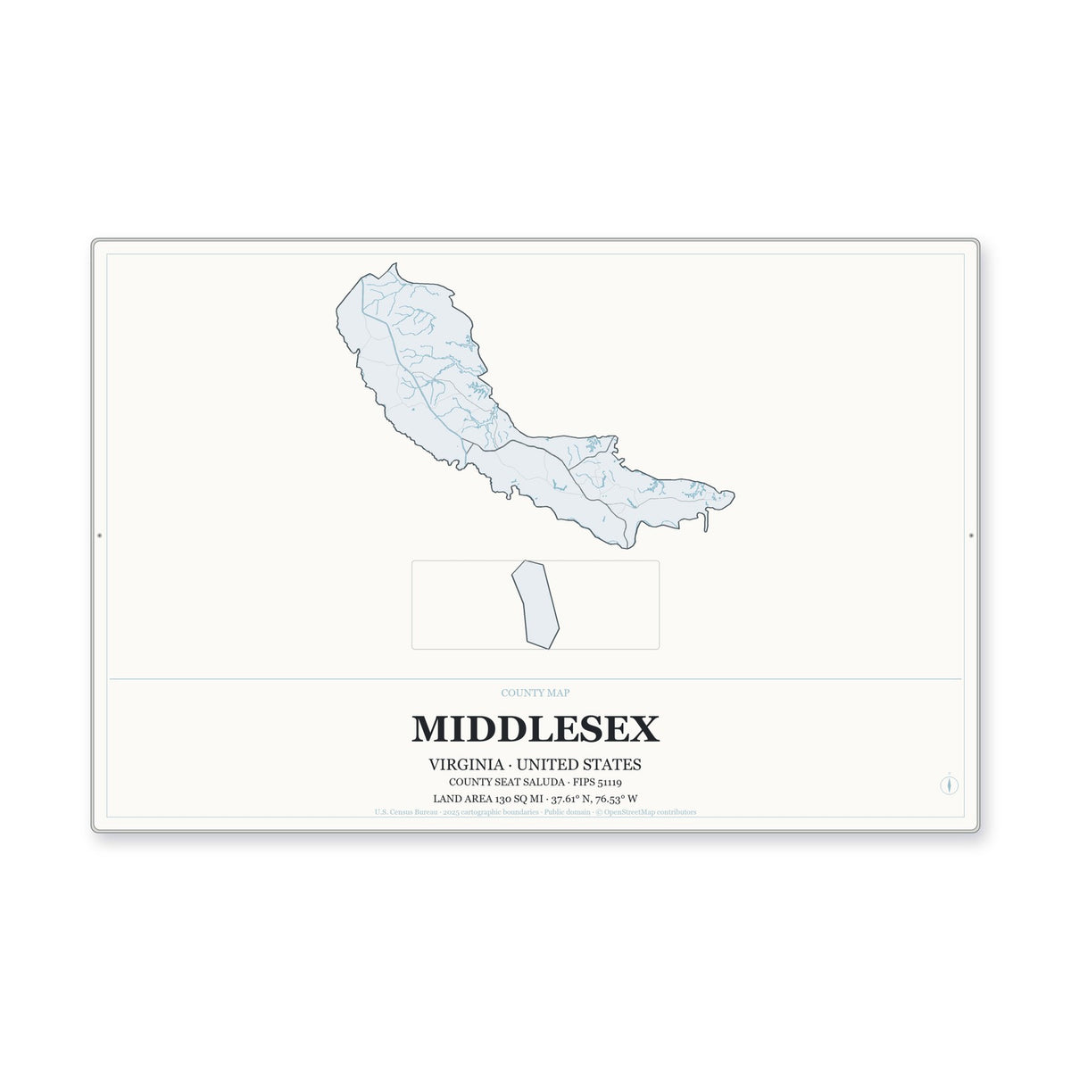 Middlesex County, Virginia Map Aluminum Sign in Gallery Air style