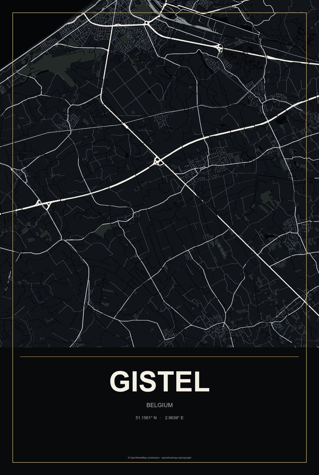 Gistel, Belgium City Map Aluminum Sign in Metropolitan Noir style