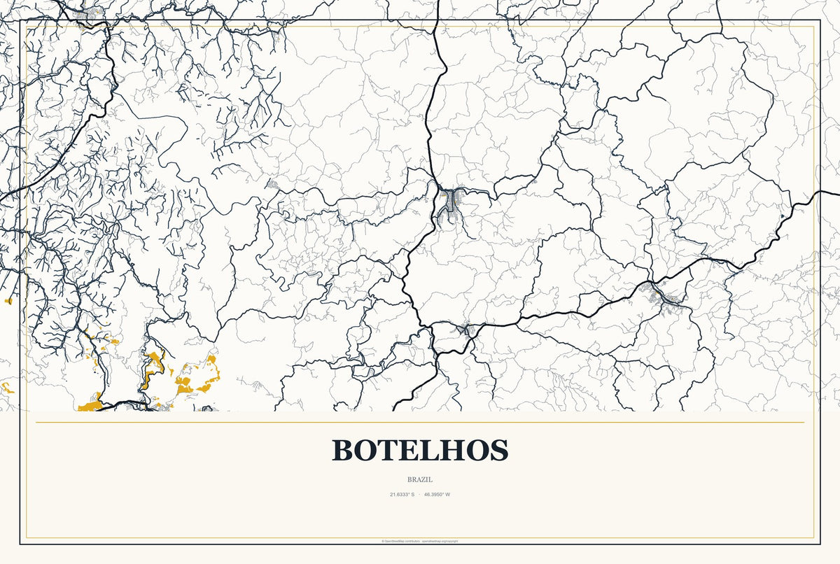 Botelhos, Brazil City Map Aluminum Sign in Citrine Modern style