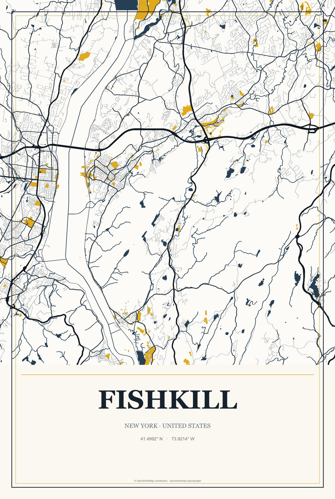 Fishkill, New York City Map Aluminum Sign in Citrine Modern style