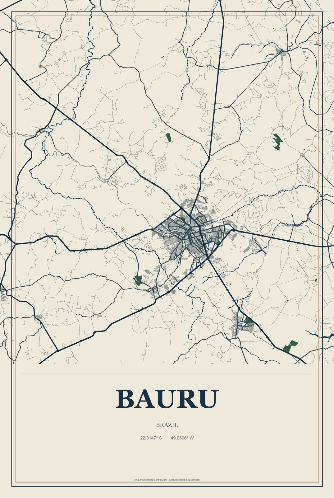 Bauru, Brazil City Map Aluminum Sign in Coastal Cutout style