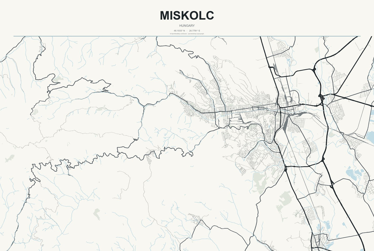 Miskolc, Hungary City Map Aluminum Sign in Headline Atlas style