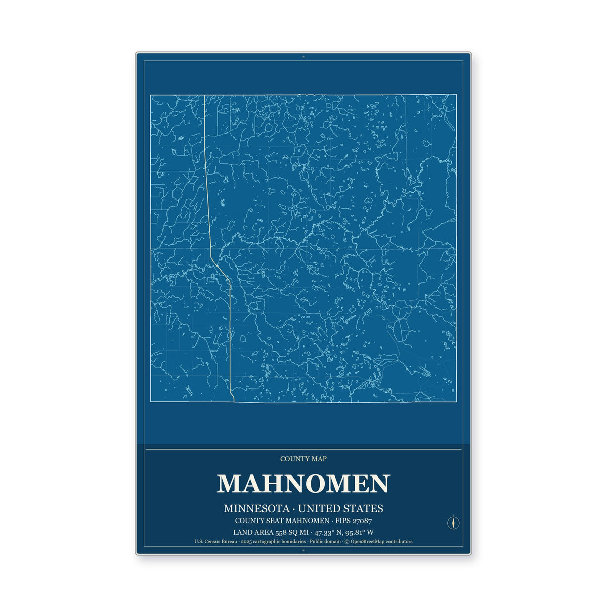 Mahnomen County, Minnesota Map Aluminum Sign in Harbor Cobalt style