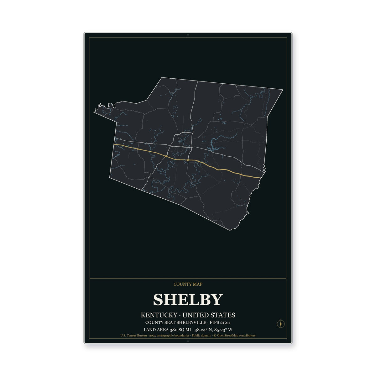 Shelby County, Kentucky Map Aluminum Sign in Metropolitan Noir style