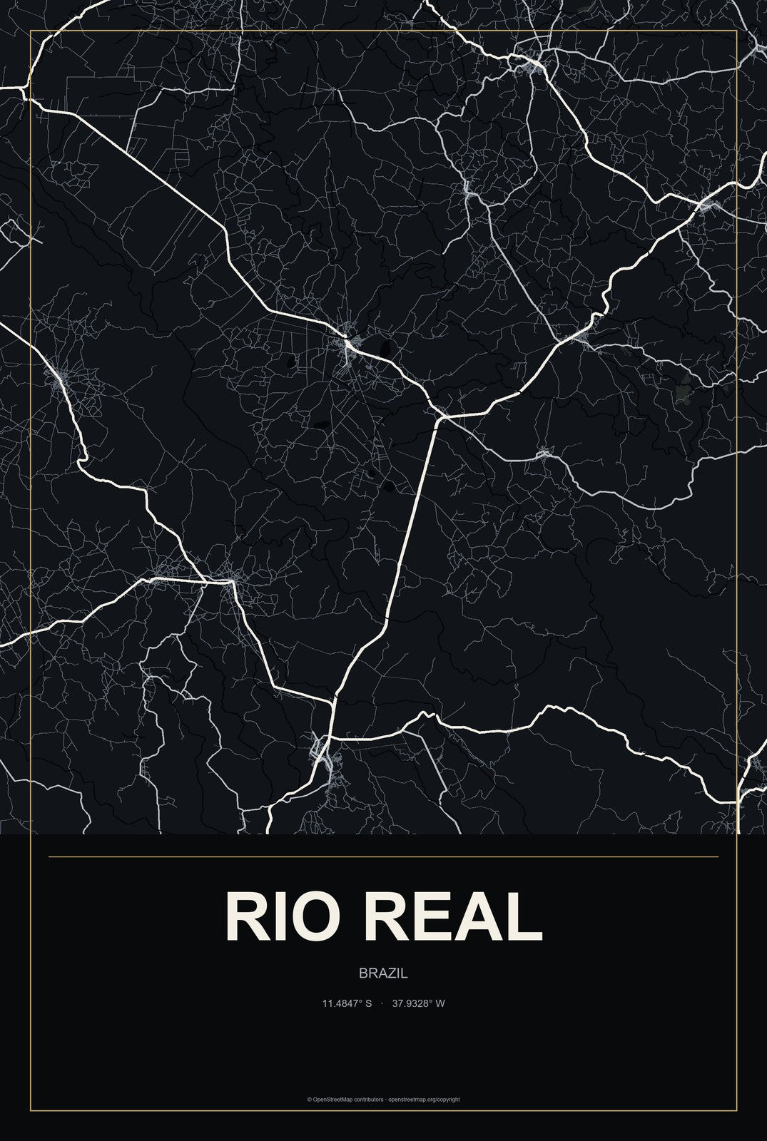 Rio Real, Brazil City Map Aluminum Sign in Metropolitan Noir style