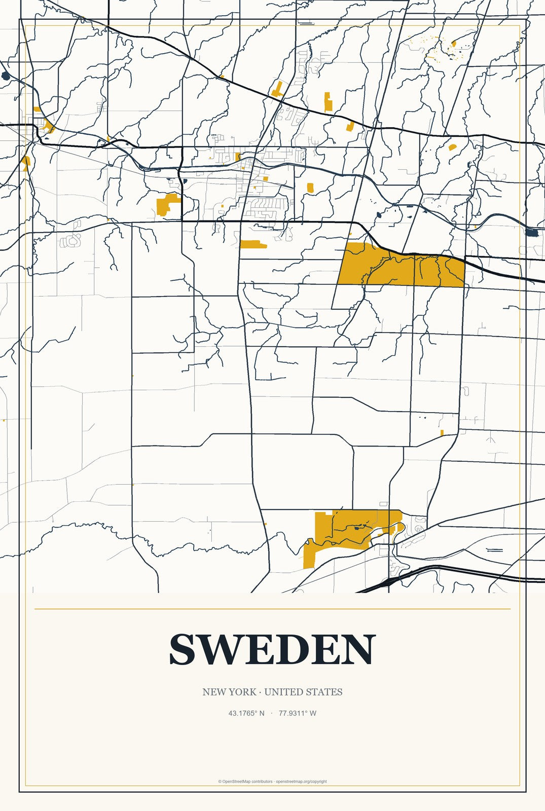 Sweden, New York City Map Aluminum Sign in Citrine Modern style